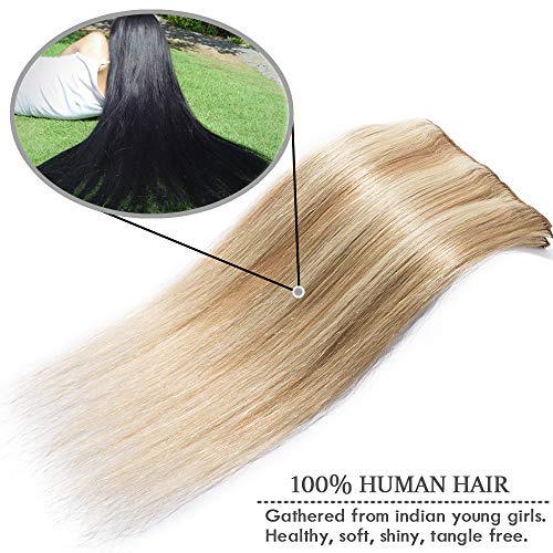 Elailite Extensiones de Cabello Natural Clip Pelo Humano Remy Human Hair Mujer - 20 cm #18P613 Ash Rubio Mecha Rubio Muy Claro -[Delgada]