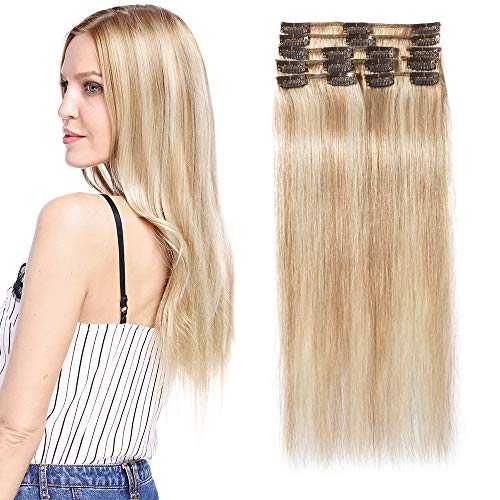 Elailite Extensiones de Cabello Natural Clip Pelo Humano Remy Human Hair Mujer - 20 cm #18P613 Ash Rubio Mecha Rubio Muy Claro -[Delgada]