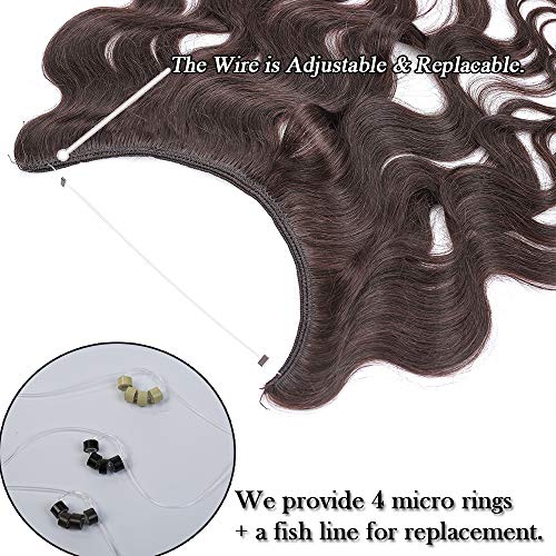 Elailite Hilo Invisible Pelo Humano Extensiones Cabello Naturel Ondulada Mecha - 40 CM #02 Castaño Oscuro - [Un Hilo - Una Banda] 100% Human Hair