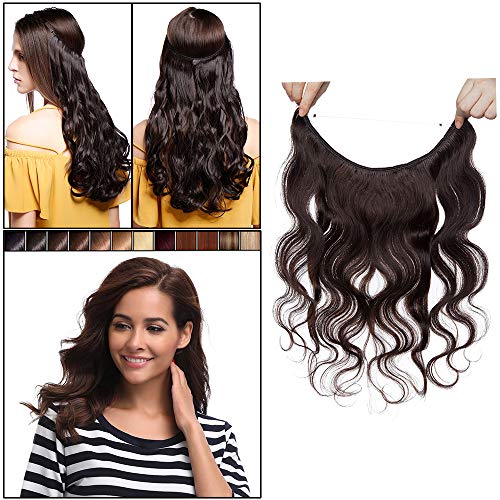 Elailite Hilo Invisible Pelo Humano Extensiones Cabello Naturel Ondulada Mecha - 40 CM #02 Castaño Oscuro - [Un Hilo - Una Banda] 100% Human Hair