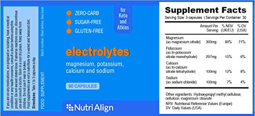 Electrolitos Nutri-Align: Magnesio, Potasio, Calcio, Sodio. Asegura el Balance Saludable de Electrolitos Para la Dieta Ceto. Sin Azúcar, Sin Gluten. 90 Cápsulas.