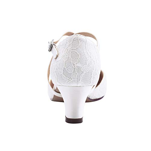 ElegantPark HC1920 Zapatos Novia Tacon Bajo Correa Cruzada Punta Cerrada Zapatos de Novia de Encaje Zapatos Boda Mujer Marfil EU 39