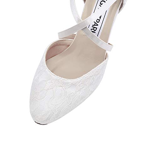 ElegantPark HC1920 Zapatos Novia Tacon Bajo Correa Cruzada Punta Cerrada Zapatos de Novia de Encaje Zapatos Boda Mujer Marfil EU 39
