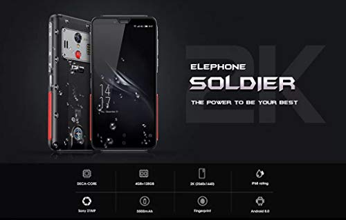 ELEPHONE SOLDIER 4G Móvil Todoterreno Libre, 4GB + 128GB, Helio X25 Deca Core de 2.5GHz, IP68 Smartphone Antigolpes Impermeable,Pantalla QHD 2K de 5.5 Pulgadas (2560*1440x),16MP+21MP,NFC GPS 5000mAh
