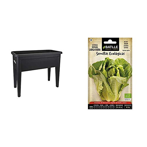 Elho Green Basics Grow Table XXL Crecimiento, Negro Intenso, 29x29x26.3 cm + Semillas Ecológicas Hortícolas - Lechuga Romana Larga Rubia - Eco - Batlle