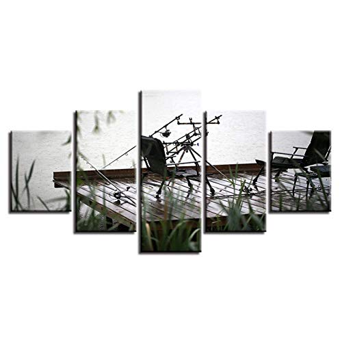 ELLCDRJ 5 Piece Wall Prints HD Modular Wall Art Posters and Prints Artwork Wall Pictures Fishing Paraphernaa and Chair Landscape Wall Decoration for Living Room Hotel Restaurant Decor-Frame.