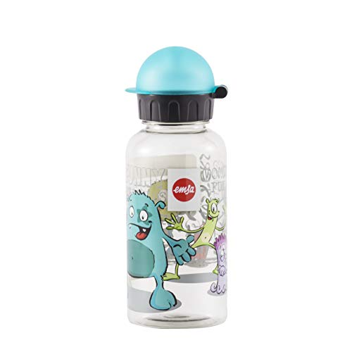 Emsa 518123 - Botella hermética con diseño de Monstruo, Capacidad de 0.4 l, antiderrame con Piezas fáciles de Limpiar, Ligeras y fáciles de manipular para niños