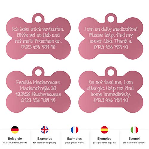 engravo Etiqueta de Perro Hueso en Rosa 38 mm con su Grabado Personal y 2 llaveros Gratis