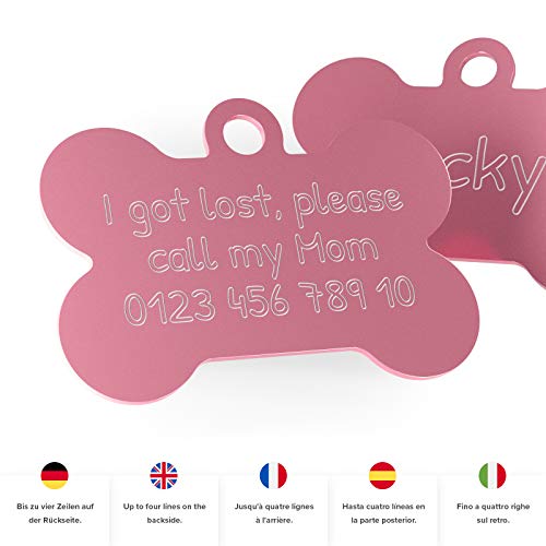 engravo Etiqueta de Perro Hueso en Rosa 38 mm con su Grabado Personal y 2 llaveros Gratis