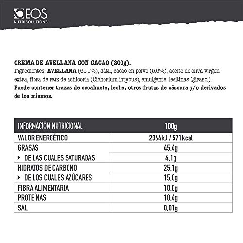 EOS - Crema de Cacao y Avellanas Saludable 200g - Sin azúcares añadidos y 65% Avellana
