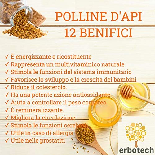 ERBOTECH polen de abeja 100 g, Multivitamínico con un alto contenido de vitaminas B1, B2, B3, C, Hierro, Zinc y Magnesio Alta calidad 100% puro, Hecho en Italia, Materia prima para jalea real