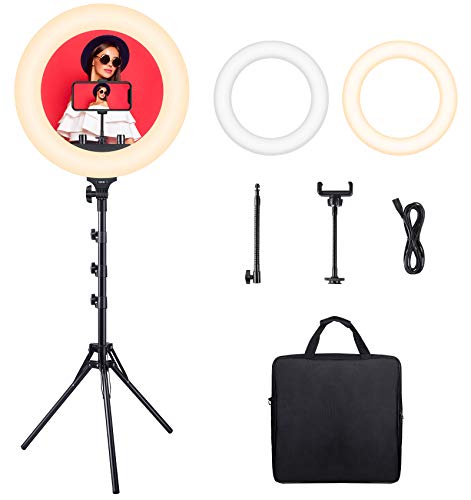 ESDDI - Anillo de luz LED Regulable de 18 Pulgadas, Bicolor 3200 K-6500 K, Kit con trípode y Soporte para teléfono móvil para Selfies, vídeos y Maquillaje