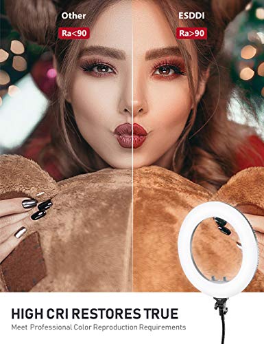 ESDDI - Anillo de luz LED Regulable de 18 Pulgadas, Bicolor 3200 K-6500 K, Kit con trípode y Soporte para teléfono móvil para Selfies, vídeos y Maquillaje
