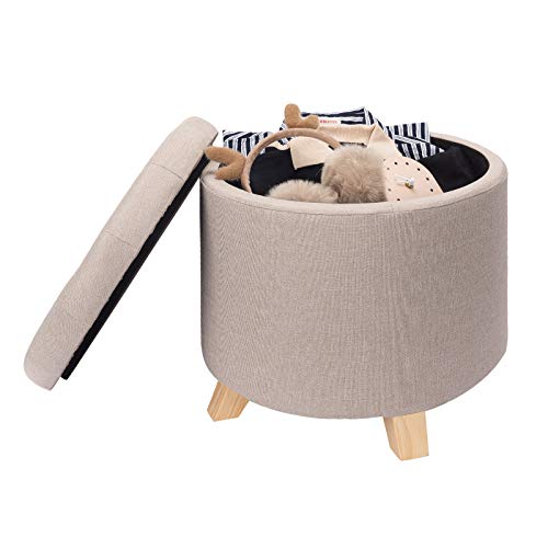 eSituro Taburete Tapizado Caja de Almacenamiento Cubo con Espacio de Almacenamiento Tapa Lino Extraíble Crema SOM0058