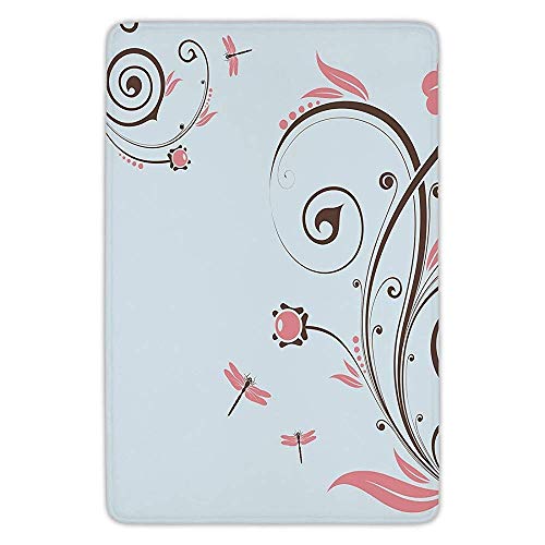 ESLAMUCHS Bathroom Bath Rug Kitchen Floor Mat Carpet,Dragonfly,Swirled Shabby Chic Blossom Branches Fragrance Essence Theme,Dark Brown Baby Blue Light Pink,Flannel Microfiber Non-Slip Soft Absorbent