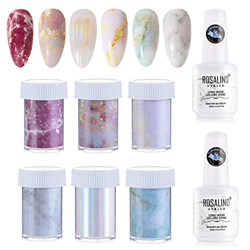 Esmalte de uñas para pegatinas de uñas de aluminio - 2 * 15 ml de esmalte de gel y pegatinas de transferencia de papel de aluminio para uñas Kit de uñas de bricolaje con patrón de mármol