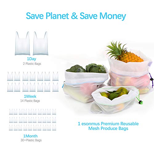 esonmus Bolsas de la Compra Reutilizables 12PCS Bolsas Reutilizables de Productos para Juguetes De Verduras De Frutas Lavable (Blanco)