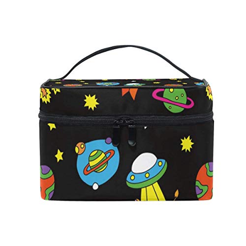 Espacio Estrellas Planetas Nubes Cohetes Patrón Bolsa de cosméticos Artículos de tocador Estuche de Maquillaje de Viaje Bolsa con asa Organizador multifunción para Mujeres-DM