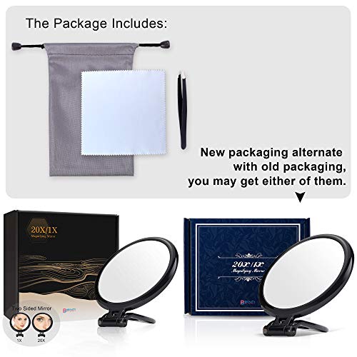 Espejo de aumento de 5 pulgadas, 20 veces, espejo de dos caras, aumento de 20 x 1 x, espejo de maquillaje plegable con mano o soporte, uso para aplicación de maquillaje, [set de ]