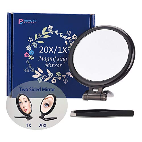 Espejo de dos caras, Espejo de aumento 20X/1X, Espejo para maquillaje plegable con soporte/portátil, para usar en aplicaciones de maquillaje. (Negro)