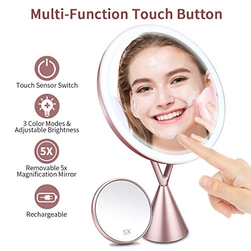 Espejo de Maquillaje, Espejo de Aumento 1x/5x con Luz LED de Pantalla Táctil y Carga USB, con Diseño de Tres Modos de Luz Ajustable - Soporte Ajustable de 45 Grados -Oro Rosa 210 * 90 * 342mm