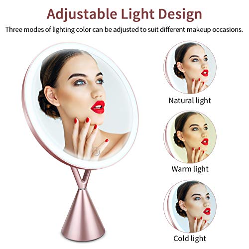Espejo de Maquillaje, Espejo de Aumento 1x/5x con Luz LED de Pantalla Táctil y Carga USB, con Diseño de Tres Modos de Luz Ajustable - Soporte Ajustable de 45 Grados -Oro Rosa 210 * 90 * 342mm