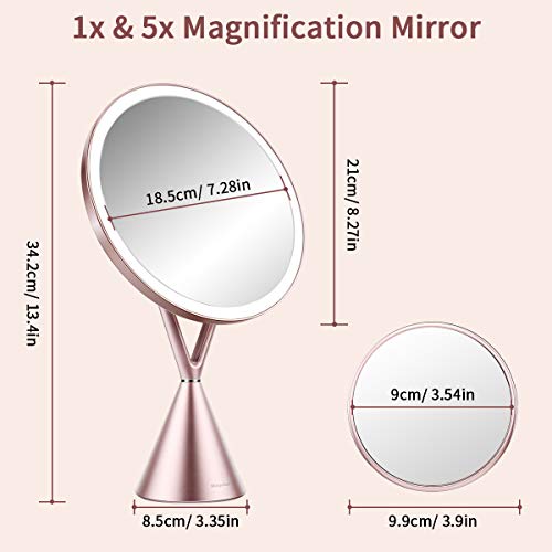 Espejo de Maquillaje, Espejo de Aumento 1x/5x con Luz LED de Pantalla Táctil y Carga USB, con Diseño de Tres Modos de Luz Ajustable - Soporte Ajustable de 45 Grados -Oro Rosa 210 * 90 * 342mm