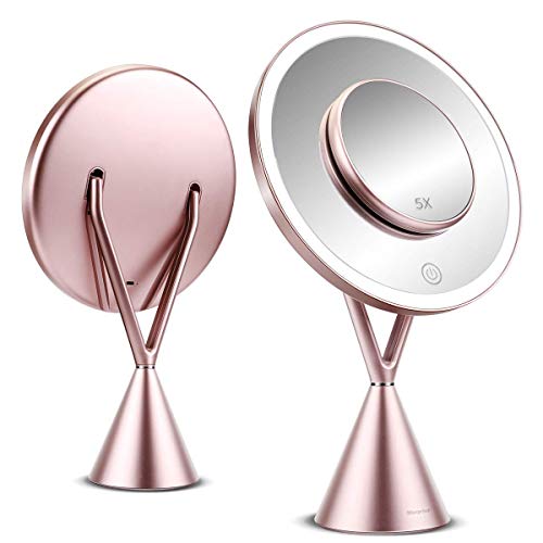 Espejo de Maquillaje, Espejo de Aumento 1x/5x con Luz LED de Pantalla Táctil y Carga USB, con Diseño de Tres Modos de Luz Ajustable - Soporte Ajustable de 45 Grados -Oro Rosa 210 * 90 * 342mm