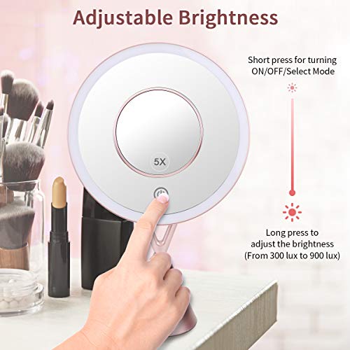 Espejo de Maquillaje, Espejo de Aumento 1x/5x con Luz LED de Pantalla Táctil y Carga USB, con Diseño de Tres Modos de Luz Ajustable - Soporte Ajustable de 45 Grados -Oro Rosa 210 * 90 * 342mm