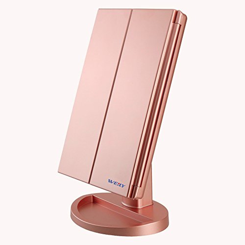 Espejo Maquillaje, WEILY Espejo Cosmético,Luz ajustable con LED, con la ampliación 1X/2X/3X, Rotación ajustable de 180 °, fuente de alimentación doble, espejo cosmético encimera (Oro rosa)