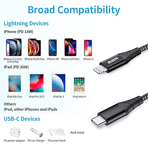 ESR Cable USB C a Lightning Cable【3.3ft MFi Certificación】Nailon Trenzado,PD de Carga Rápida para iPhone SE 2020/11/11 Pro/11 Pro Max/X/XS/XR/XS Max/8, iPad 8/7, AirPods pro, Usar con Cargadores USB-C