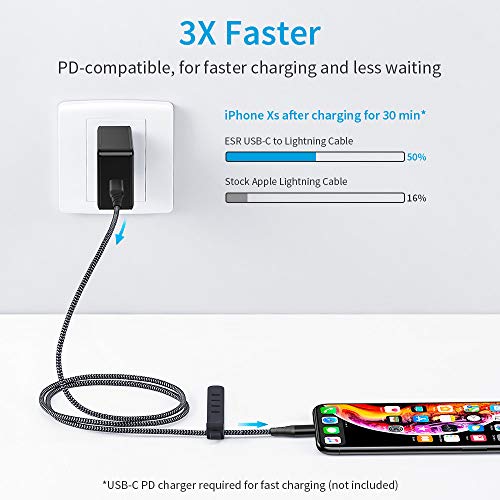 ESR Cable USB C a Lightning Cable【3.3ft MFi Certificación】Nailon Trenzado,PD de Carga Rápida para iPhone SE 2020/11/11 Pro/11 Pro Max/X/XS/XR/XS Max/8, iPad 8/7, AirPods pro, Usar con Cargadores USB-C