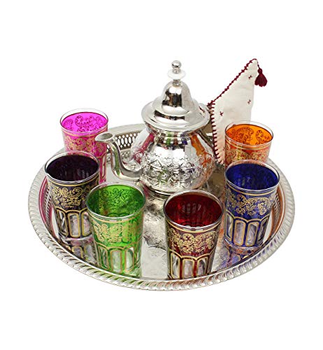 ESSENCE OF MOROCCO Vasos de Té Marroquíes con un Hermoso Diseño Clásico Marroquí Color Multicolor e Oro Pintado y Decorado a Mano Juego de 6