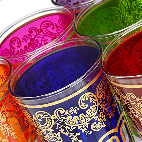 ESSENCE OF MOROCCO Vasos de Té Marroquíes con un Hermoso Diseño Clásico Marroquí Color Multicolor e Oro Pintado y Decorado a Mano Juego de 6
