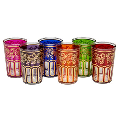 ESSENCE OF MOROCCO Vasos de Té Marroquíes con un Hermoso Diseño Clásico Marroquí Color Multicolor e Oro Pintado y Decorado a Mano Juego de 6