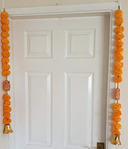 Estationeryhouse - Guirnalda de Guirnalda de caléndula Artificial con Ganesha en el Medio y Campana en la Parte Inferior, 2 Unidades, Color Naranja Claro, Fiesta de Boda Pooja Diwali