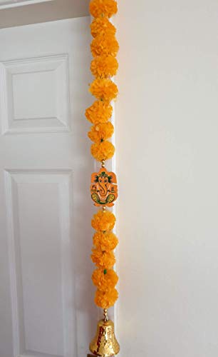 Estationeryhouse - Guirnalda de Guirnalda de caléndula Artificial con Ganesha en el Medio y Campana en la Parte Inferior, 2 Unidades, Color Naranja Claro, Fiesta de Boda Pooja Diwali