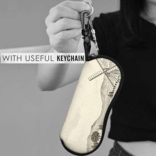 Estuche de gafas, Retro Campo Paisaje Paisaje Molino de viento Elementos Gafas de sol Estuche blando Estuche de anteojos con cremallera de neopreno ultraligero con mosquetón, Estuches para anteojos p