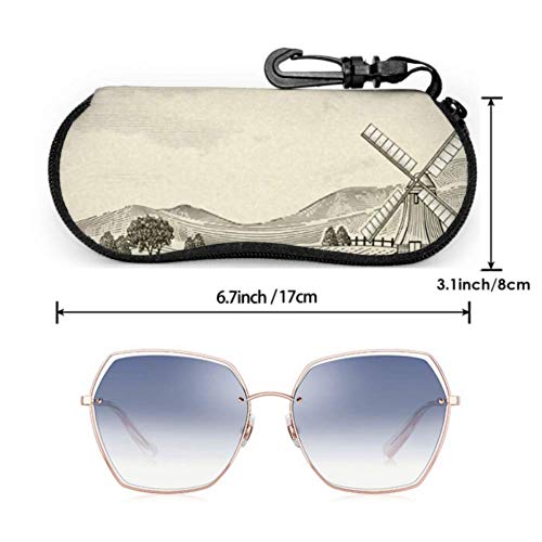 Estuche de gafas, Retro Campo Paisaje Paisaje Molino de viento Elementos Gafas de sol Estuche blando Estuche de anteojos con cremallera de neopreno ultraligero con mosquetón, Estuches para anteojos p