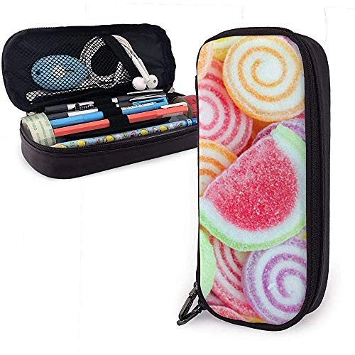 Estuche de lápices de cuero Delicious Candys PU, bolsa para bolígrafos, organizadores de papelería duraderos con doble cremallera 20 * 9 * 4 cm (8X3.5X1.5 pulgadas)