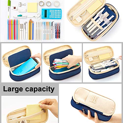 Estuche de lápices de gran capacidad Bolígrafo de lona plegable Estuche de bolsa de cosméticos Organizador de caja para arte escolar de oficina (Azul Marino)