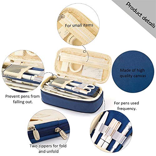 Estuche de lápices de gran capacidad Bolígrafo de lona plegable Estuche de bolsa de cosméticos Organizador de caja para arte escolar de oficina (Azul Marino)