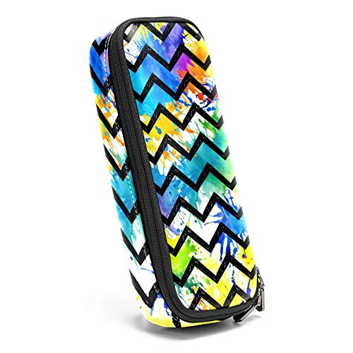 Estuche multifunción de piel de gran capacidad, organizador de papelería con cremallera para escuela y oficina, arco iris salpica línea ondulada