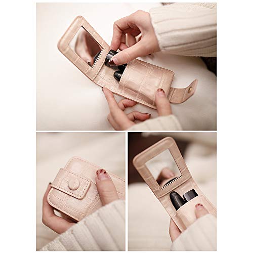 Estuche pequeño para lápiz labial neceser de maquillaje con espejo de piel para cosméticos para mujeres y niñas, color gris