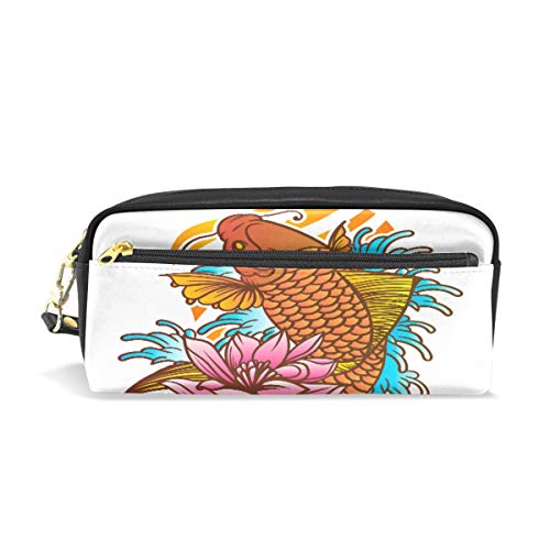 Estuche tradicional japonés Koi Fish Tattoo con ondas y flores, estuche para lápices, bolsa para la escuela, artículos de papelería, viajes, cosméticos, bolsa de maquillaje