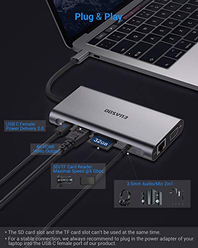 EUASOO Hub USB Tipo C 10 en 1 Hub de Aluminio Tipo C con HDMI 4K Gigabit Ethernet RJ45 1080P VGA 3.5mm de Salida de Audio 3 USB 3.0 Lector de Tarjetas SD/TF con Carga PD Tipo C