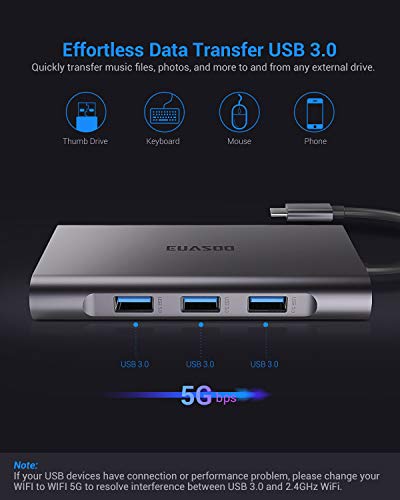 EUASOO Hub USB Tipo C 10 en 1 Hub de Aluminio Tipo C con HDMI 4K Gigabit Ethernet RJ45 1080P VGA 3.5mm de Salida de Audio 3 USB 3.0 Lector de Tarjetas SD/TF con Carga PD Tipo C