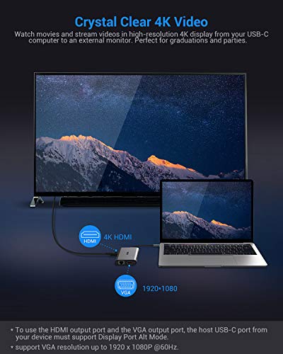 EUASOO Hub USB Tipo C 10 en 1 Hub de Aluminio Tipo C con HDMI 4K Gigabit Ethernet RJ45 1080P VGA 3.5mm de Salida de Audio 3 USB 3.0 Lector de Tarjetas SD/TF con Carga PD Tipo C