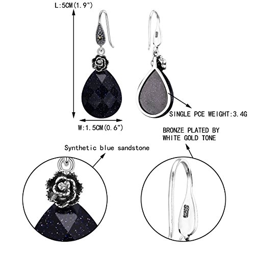 EVER FAITH Mujer Plata de ley 925 Pendiente forma de agua gota y un rosa negro con un gran Piedra de arena azul Negro