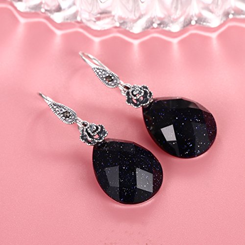 EVER FAITH Mujer Plata de ley 925 Pendiente forma de agua gota y un rosa negro con un gran Piedra de arena azul Negro